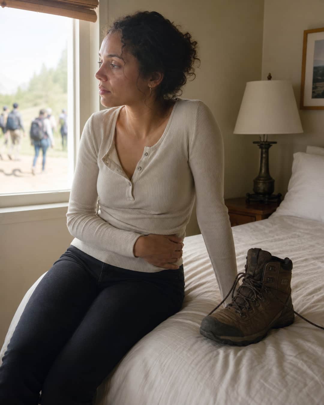 A woman of 31 with dark curly hair pulled back loosely, wearing a cream ribbed henley over dark slim jeans, seated on the edge of a bed in a vacation rental room. One arm rests across her lower abdomen. A hiking boot sits beside her on the mattress. Through the window behind her, blurred shapes of people move actively outdoors. She is inside while the experience she came for is happening outside.