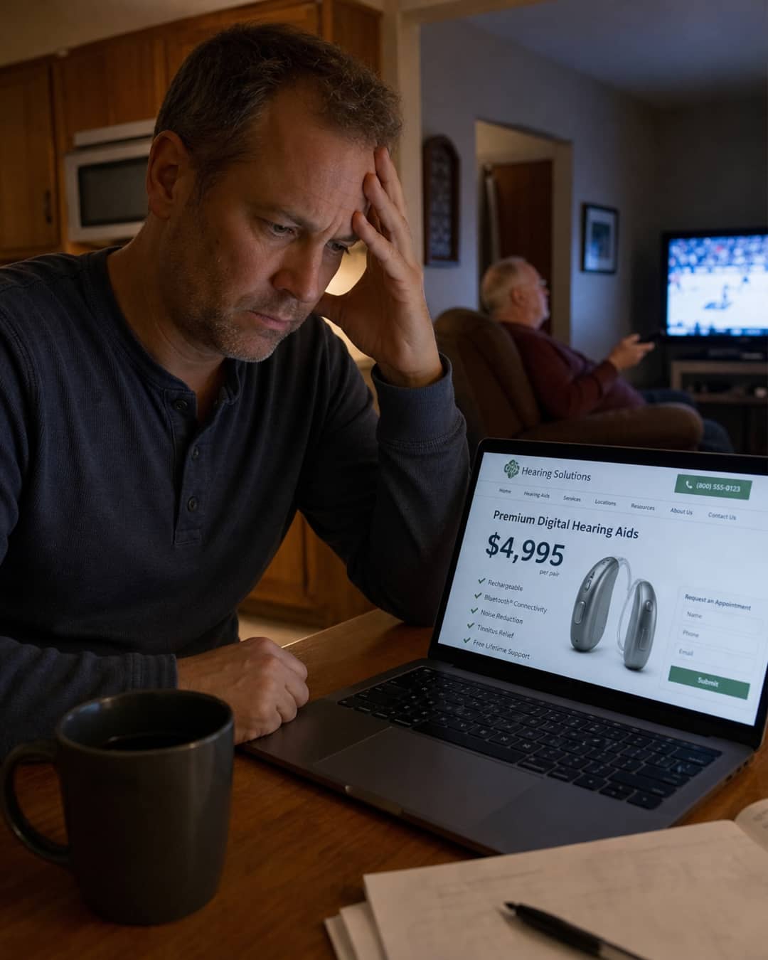 Adult son at a kitchen table looking at a clinic hearing-aid price near $5,000