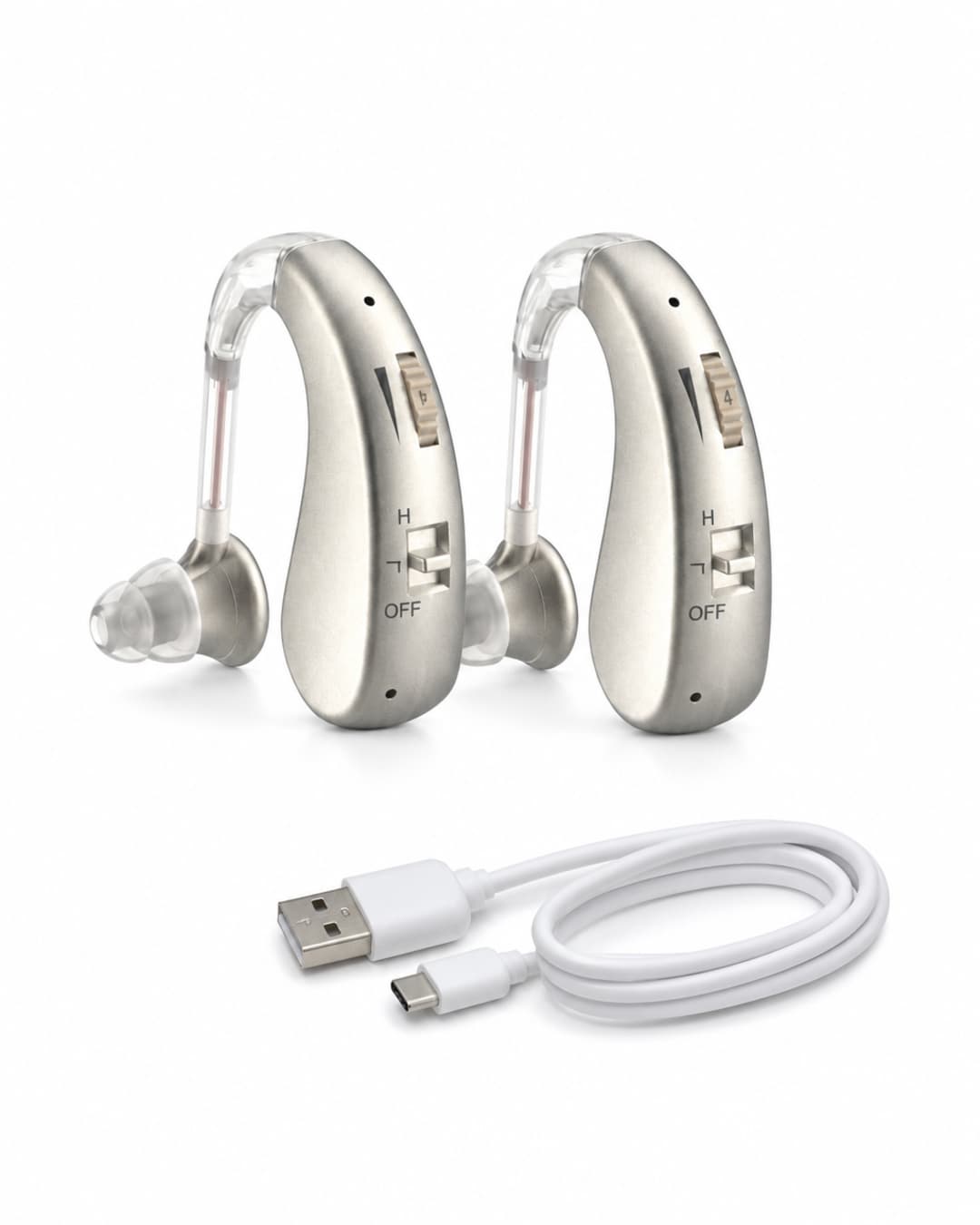Audexa pair of champagne behind-the-ear hearing aids with USB cable, cleaning brush, and extra silicone ear tips