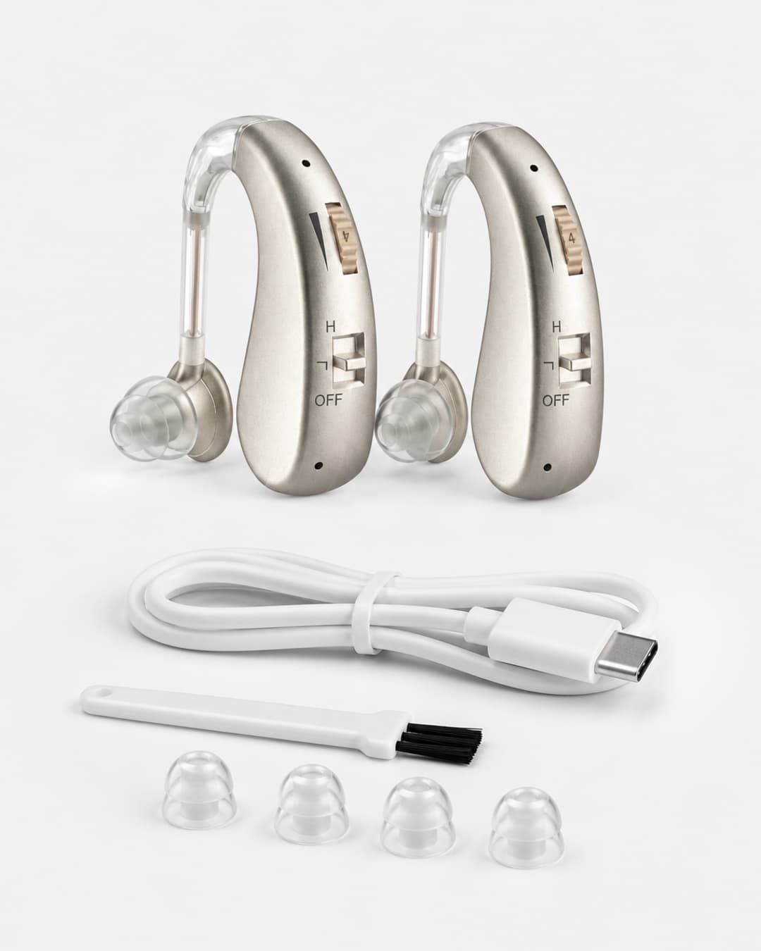 Audexa pair with USB-C cable, cleaning brush, and extra silicone ear tips — one pair $69.99.