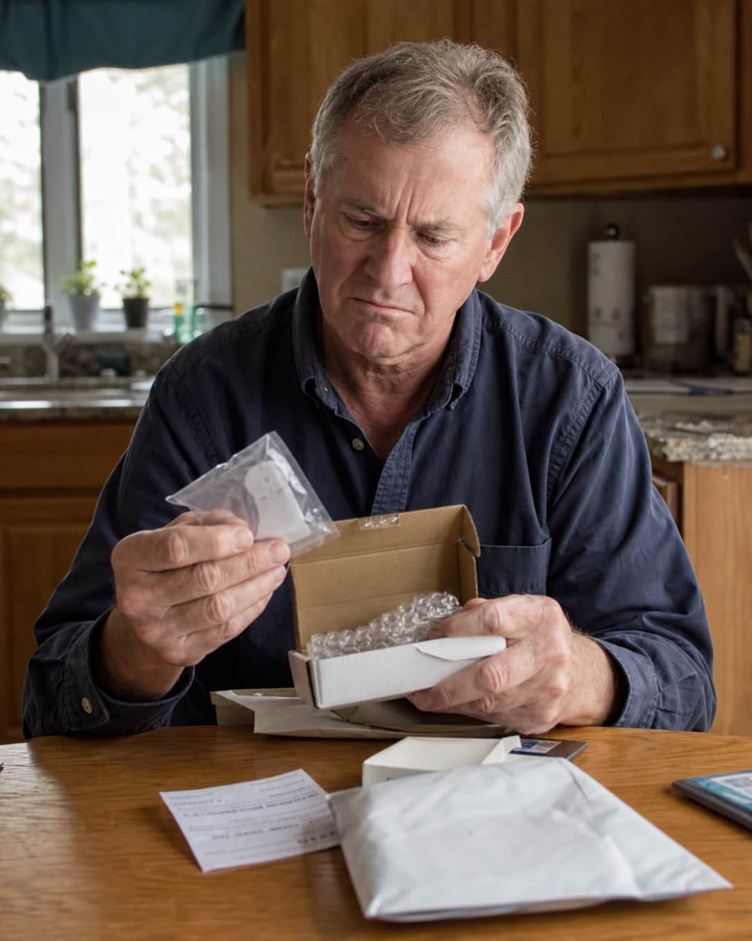 Older adult at a kitchen table looking skeptically at a cheap generic ear amplifier in an open mailer box, junk drawer in the background.