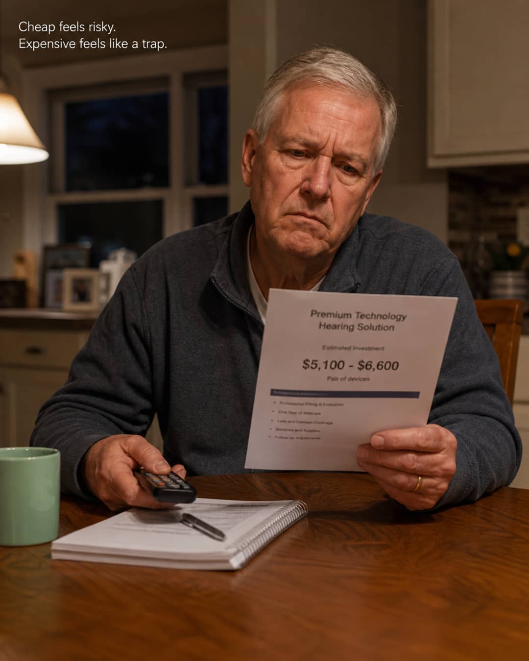 Adult at a kitchen table considering a hearing-aid estimate
