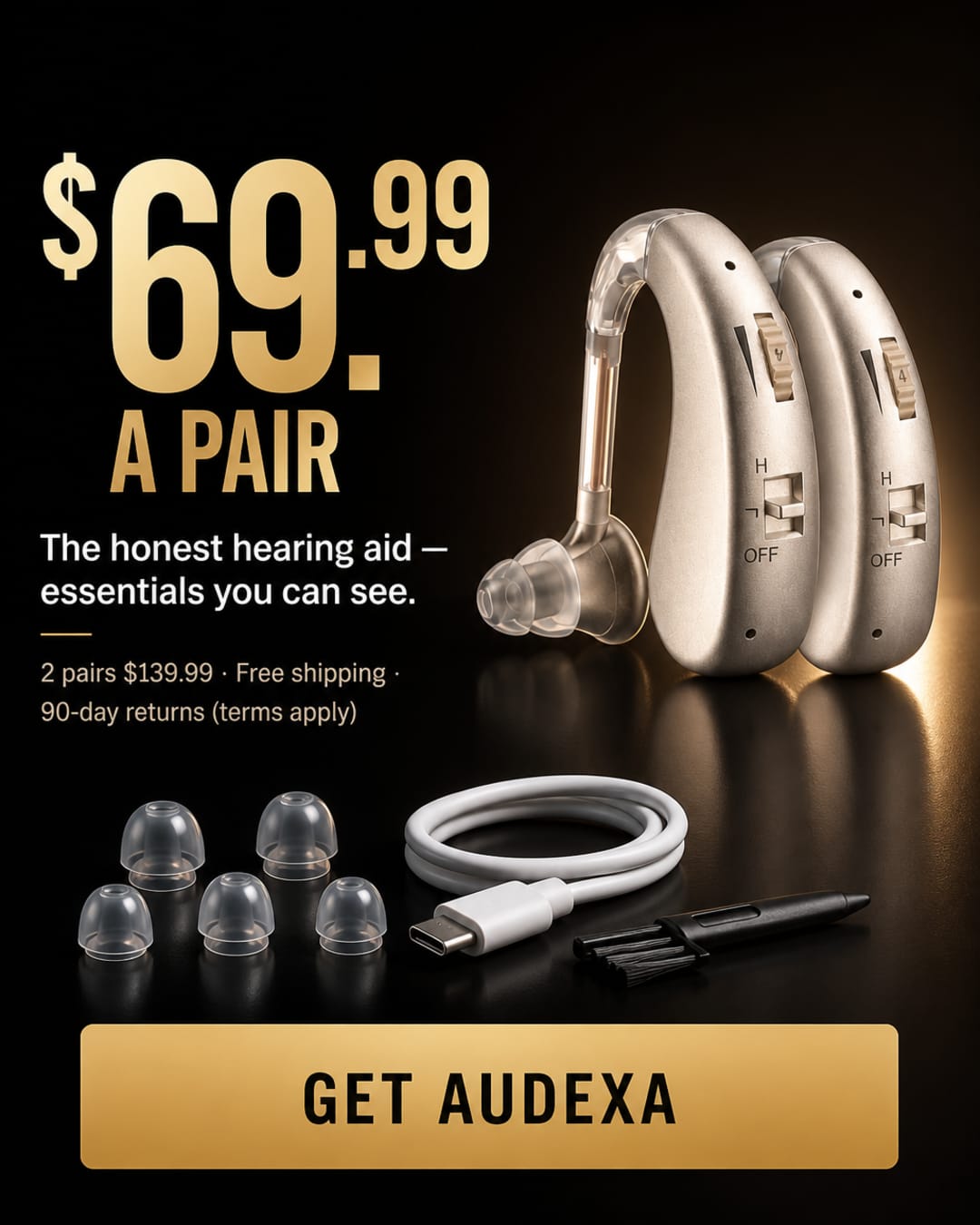 Audexa hearing aid pair and included accessories with the $69.99 pair offer