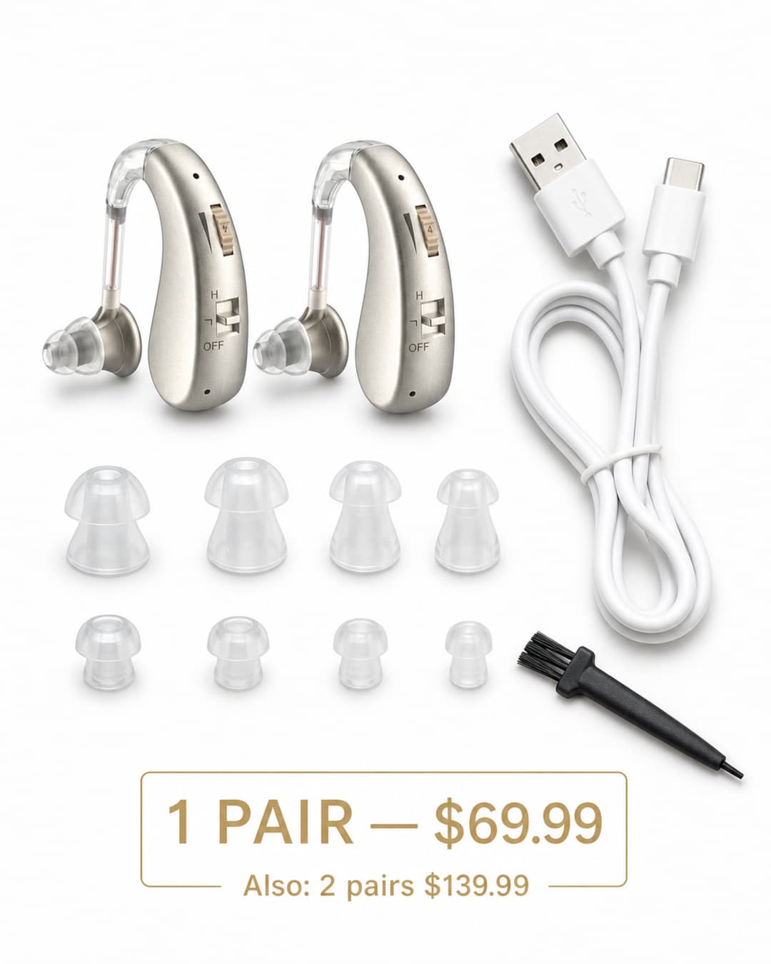 Audexa hearing aid pair with silicone ear tips, USB cable and cleaning brush