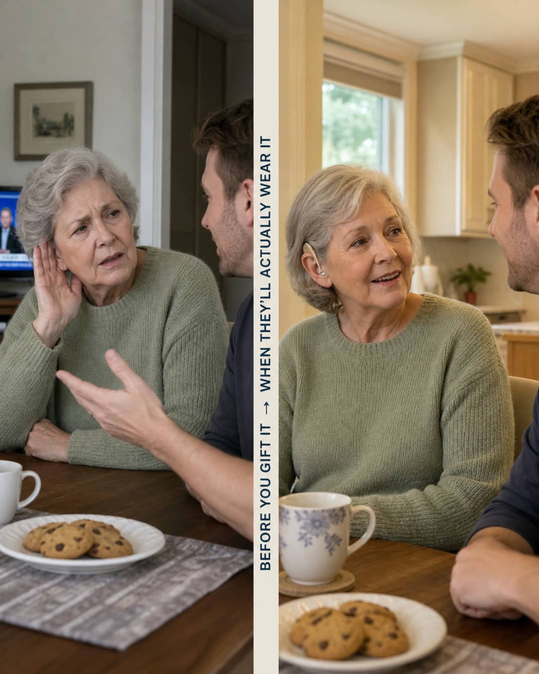 Illustrative split scene of a mother and adult son at a kitchen table, with Audexa worn in the right panel