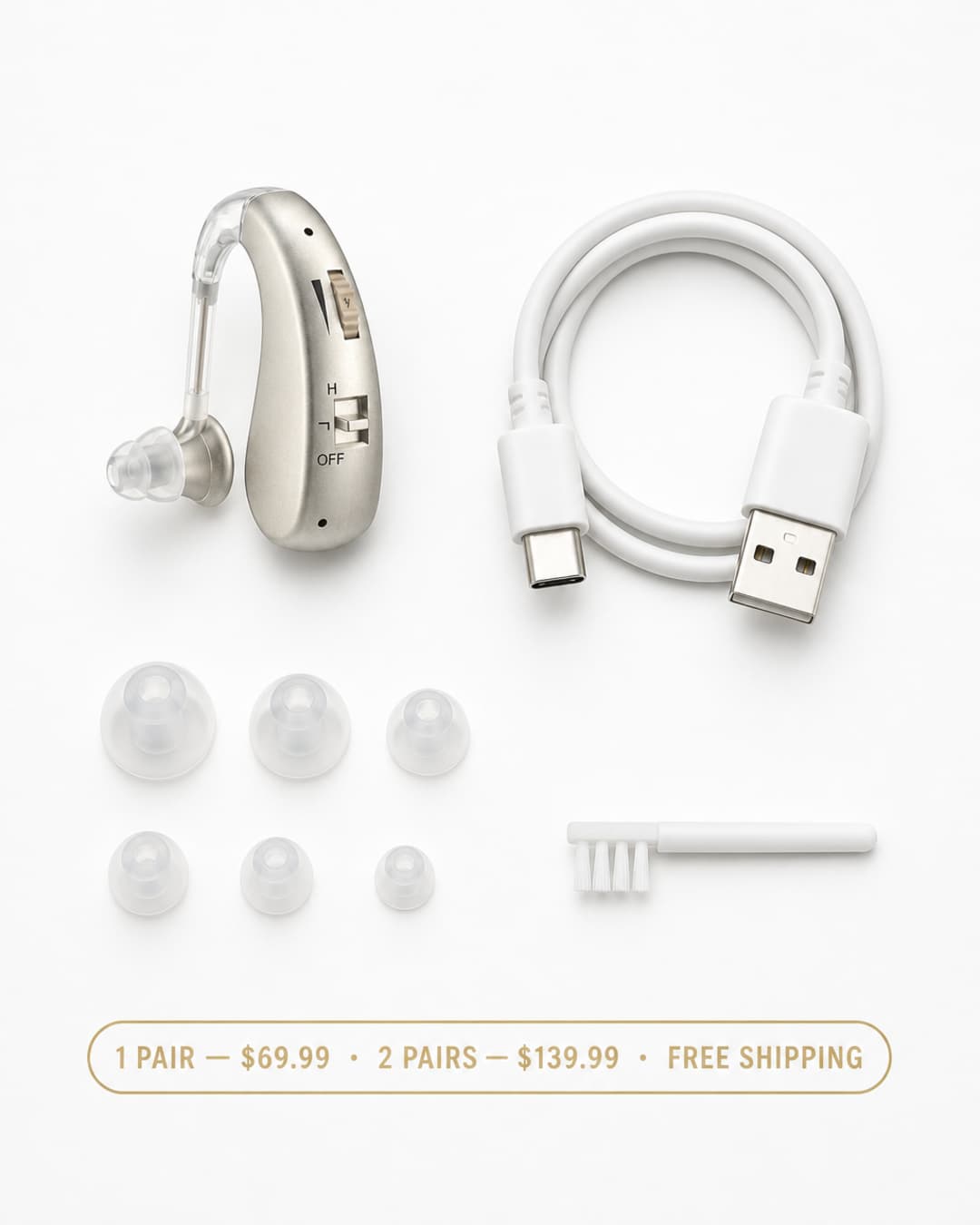 Audexa pair with silicone ear tips, USB cable, and cleaning brush