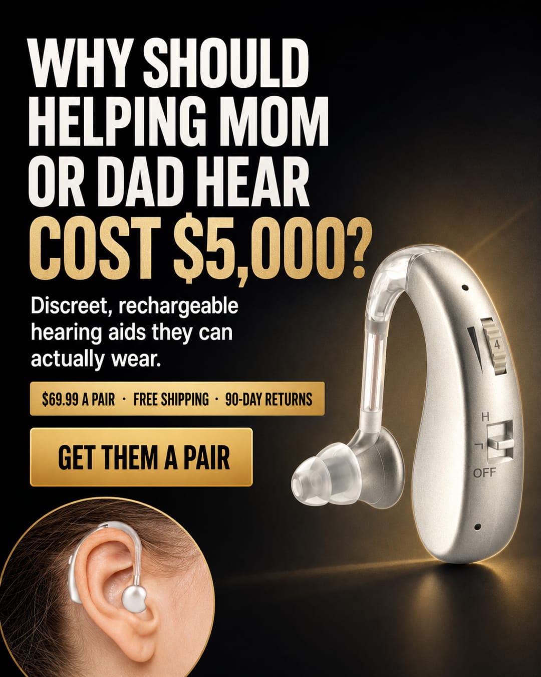 Audexa hearing-aid pair and parent-gift offer graphic