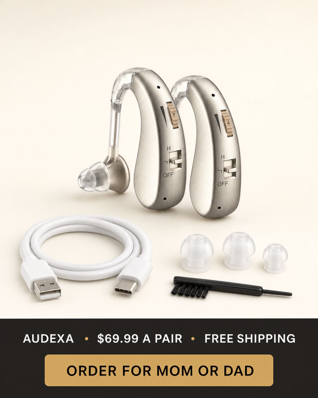 Audexa hearing-aid pair, ear tips, charging cable, and brush with the one-pair offer