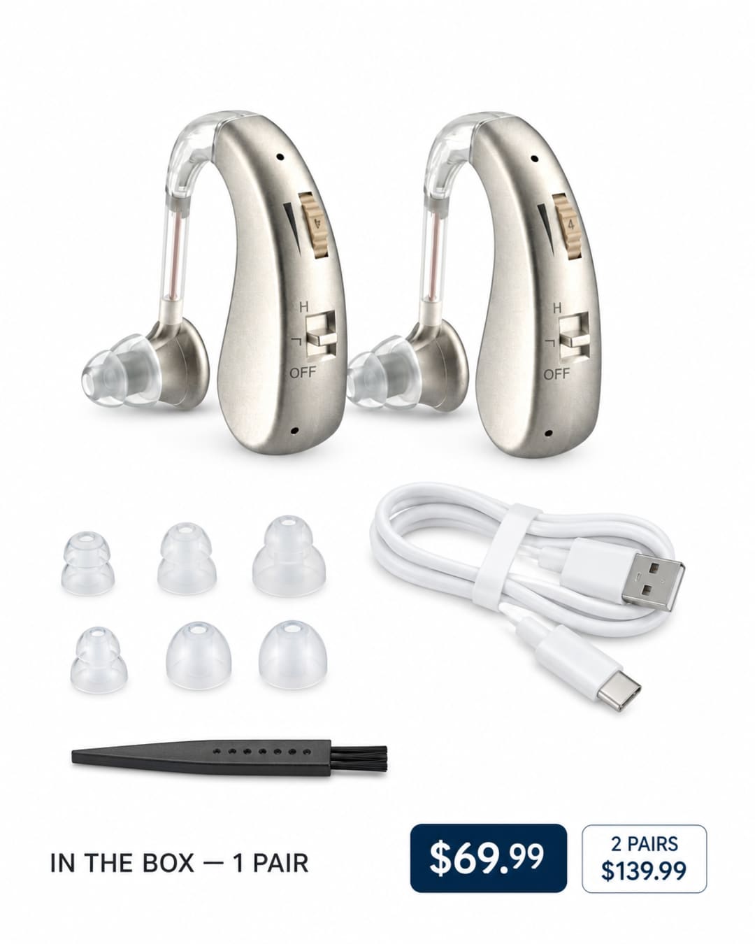 Audexa pair arranged with silicone ear tips, USB cable, and cleaning brush