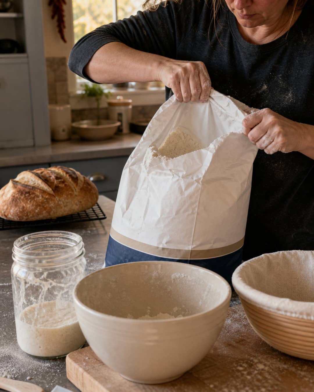 Home baker opening a large paper bag of store-bought flour beside a proofing bowl and starter jar