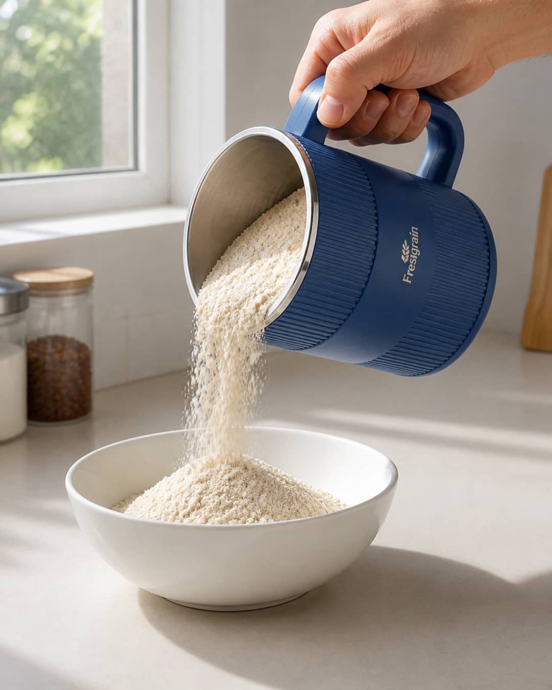 Hand tilting the GRAIN BLOOM mill and pouring freshly milled flour into a white bowl