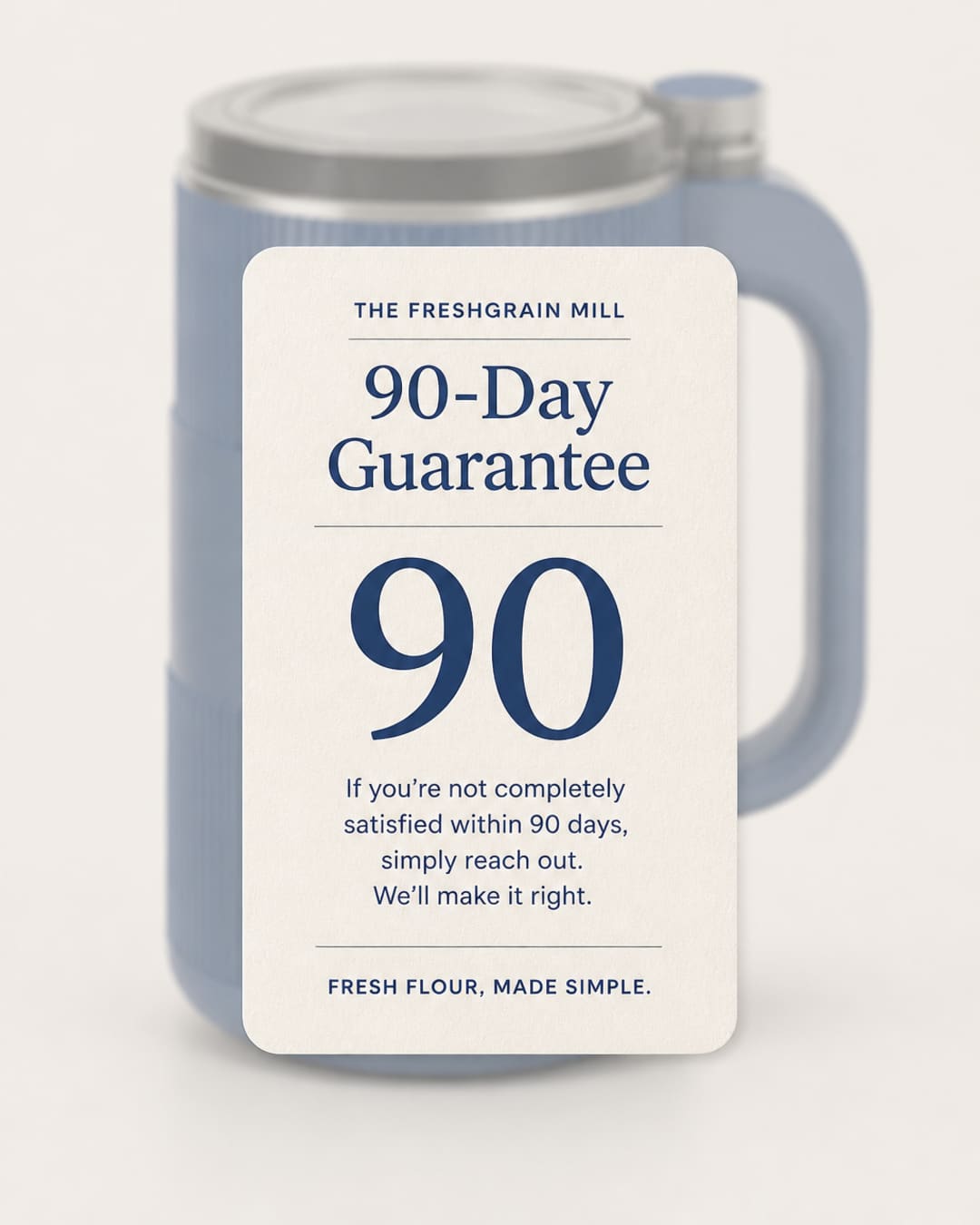 90-day guarantee card with GRAIN BLOOM mill in the background