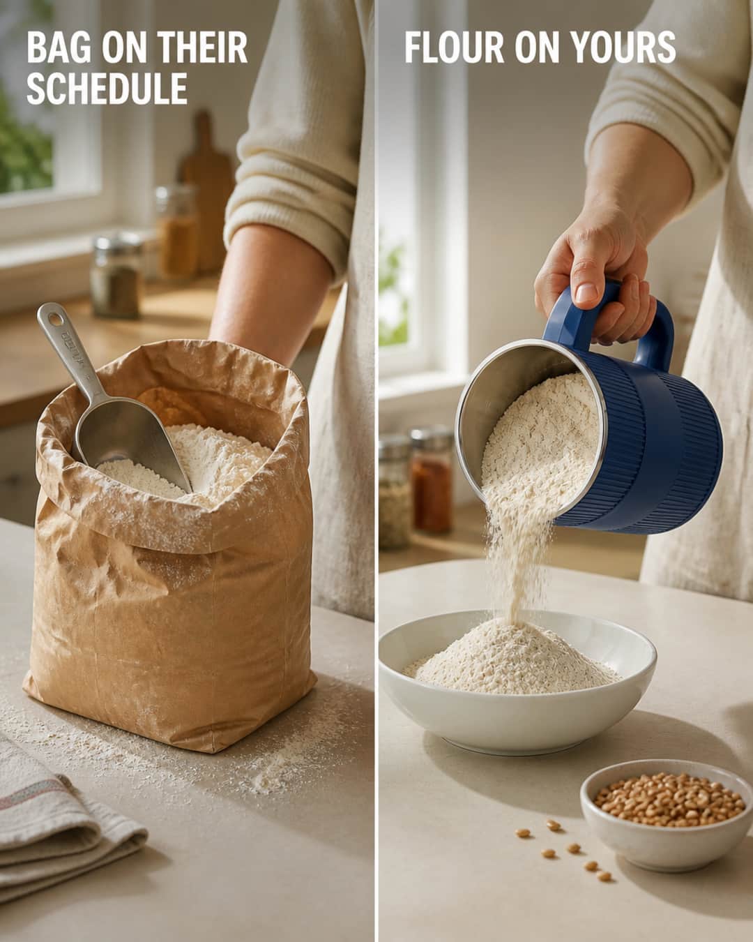 Split kitchen counter: opened bag of packaged flour on the left, pouring freshly milled flour from GRAIN BLOOM on the right
