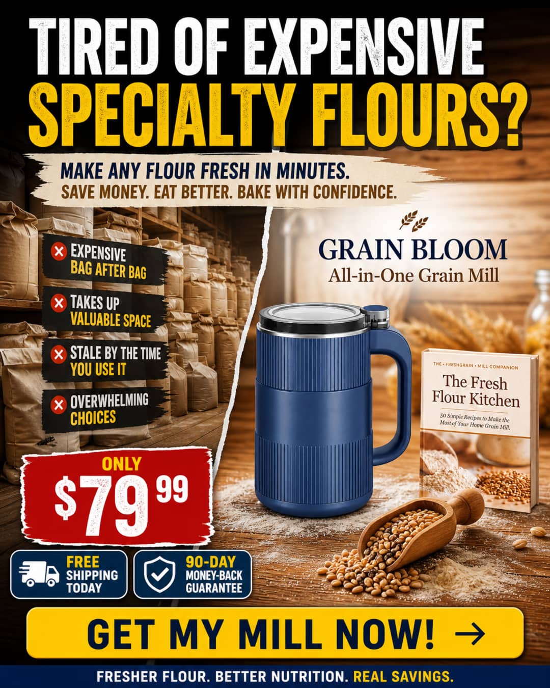 GRAIN BLOOM navy home grain mill with companion book, mixed whole grains, and specialty flour bags in the background
