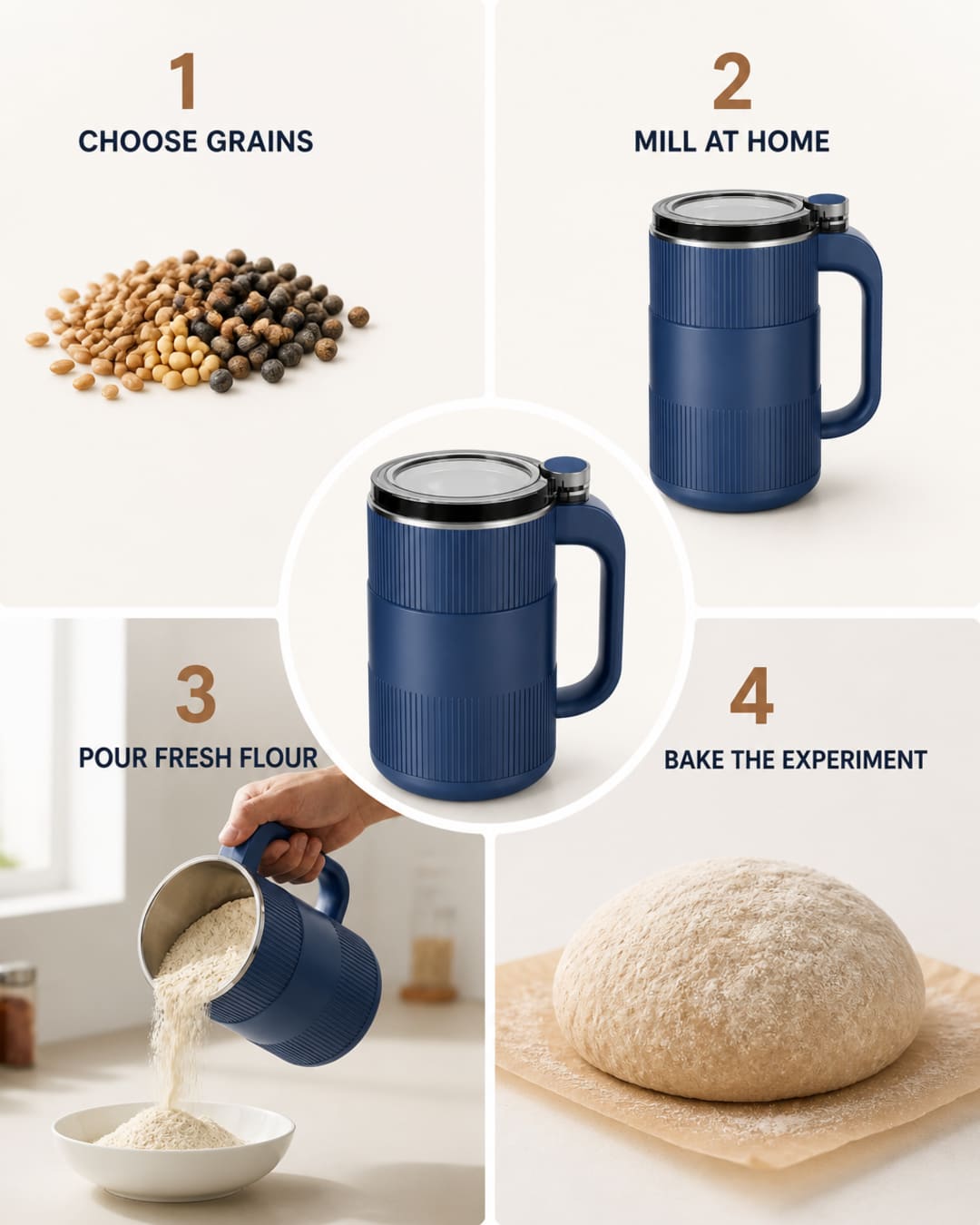 GRAIN BLOOM mill shown with grain-in, mill, pour, and bake steps