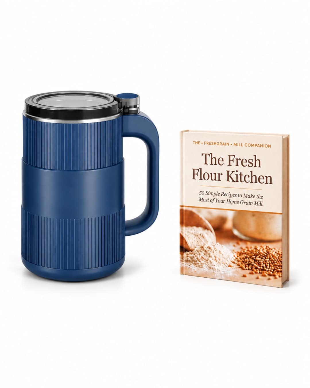 GRAIN BLOOM navy mill standing beside The Fresh Flour Kitchen companion book