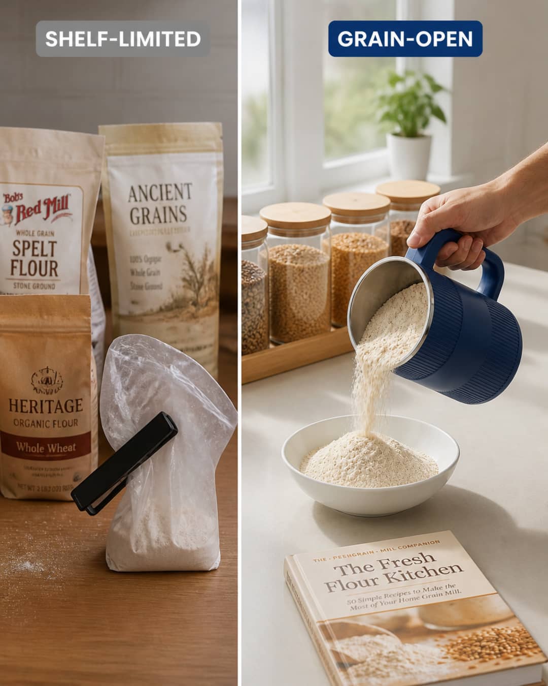 Specialty flour bags on one side and GRAIN BLOOM milling whole grains into a bowl on the other