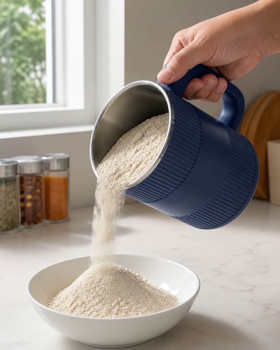 Hand tilting GRAIN BLOOM so freshly milled flour pours into a white bowl