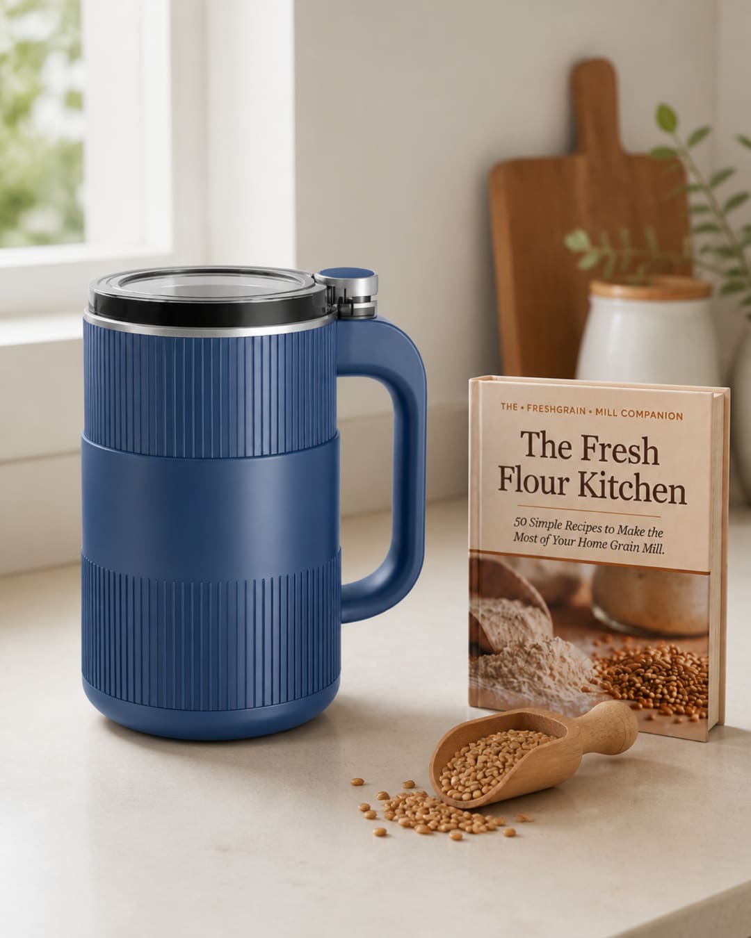GRAIN BLOOM mill on a counter next to The Fresh Flour Kitchen book and a scoop of whole grain berries