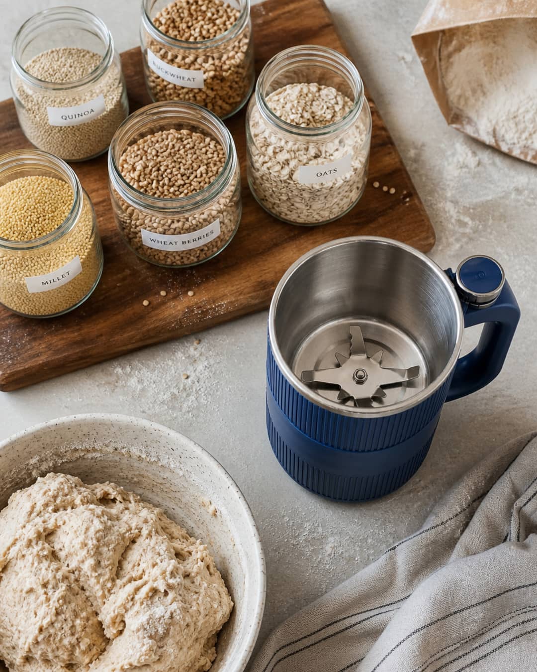Overhead kitchen board with grain jars, dough, and open GRAIN BLOOM mill showing the interior
