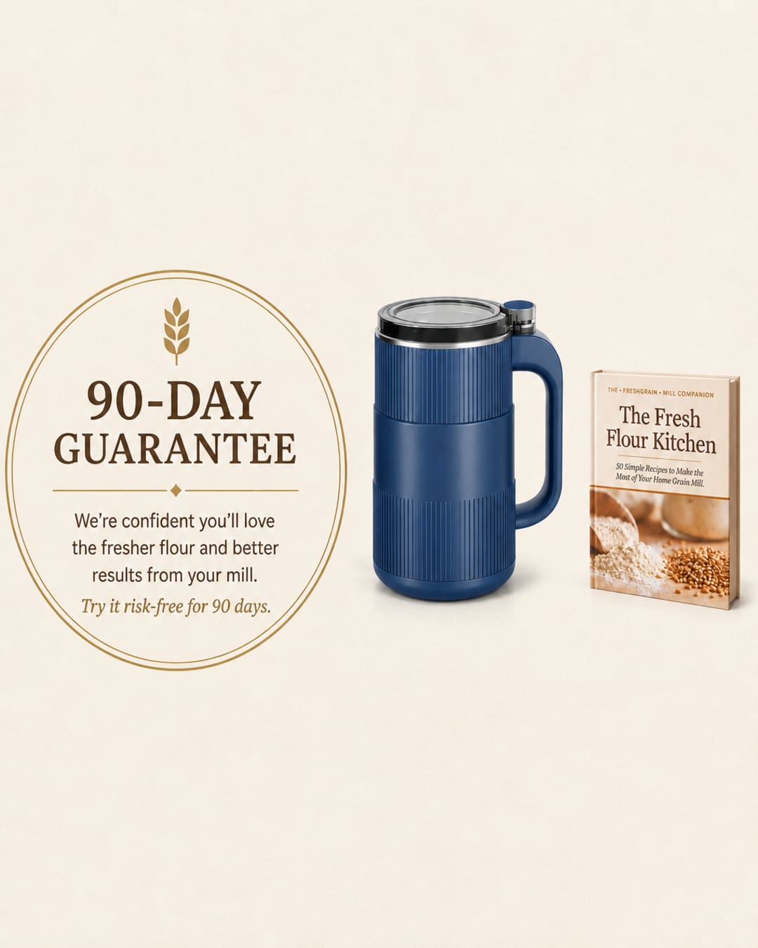 90-day guarantee card with GRAIN BLOOM mill and companion book