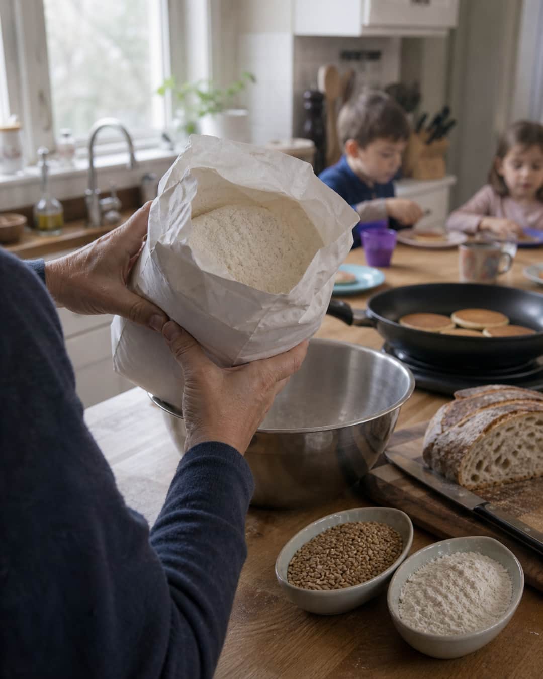 Hands holding an opened bag of white flour over a mixing bowl in a home kitchen