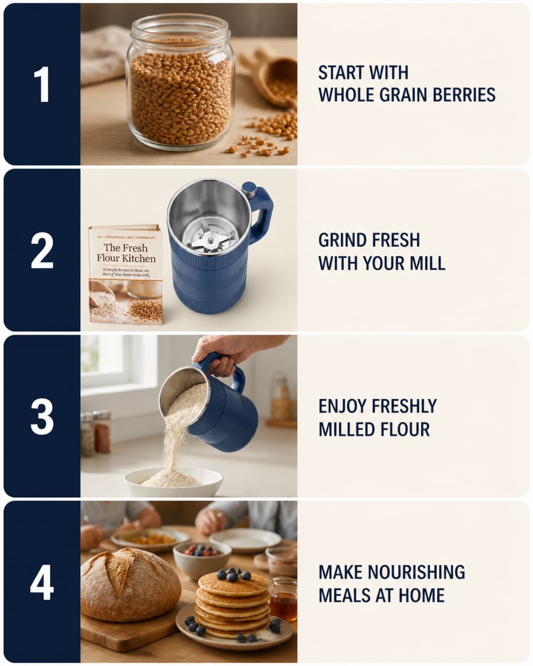 Grain berries, GRAIN BLOOM mill interior, poured flour, and homemade bread and pancakes