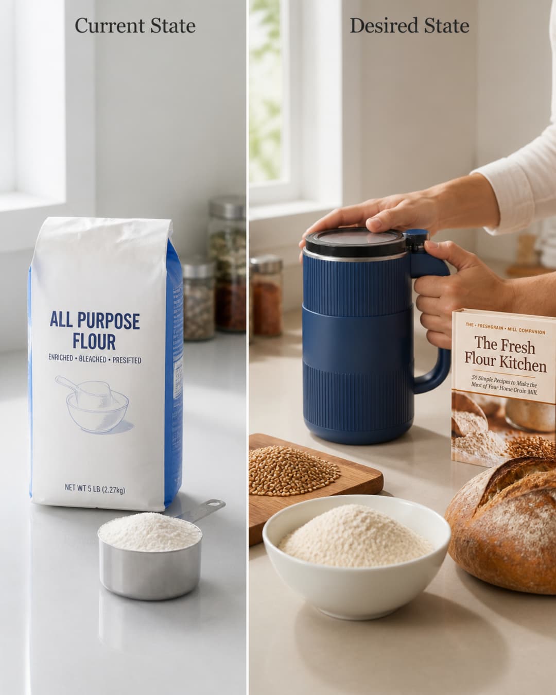 Bag of refined flour beside GRAIN BLOOM with whole grains, milled flour, and homemade bread
