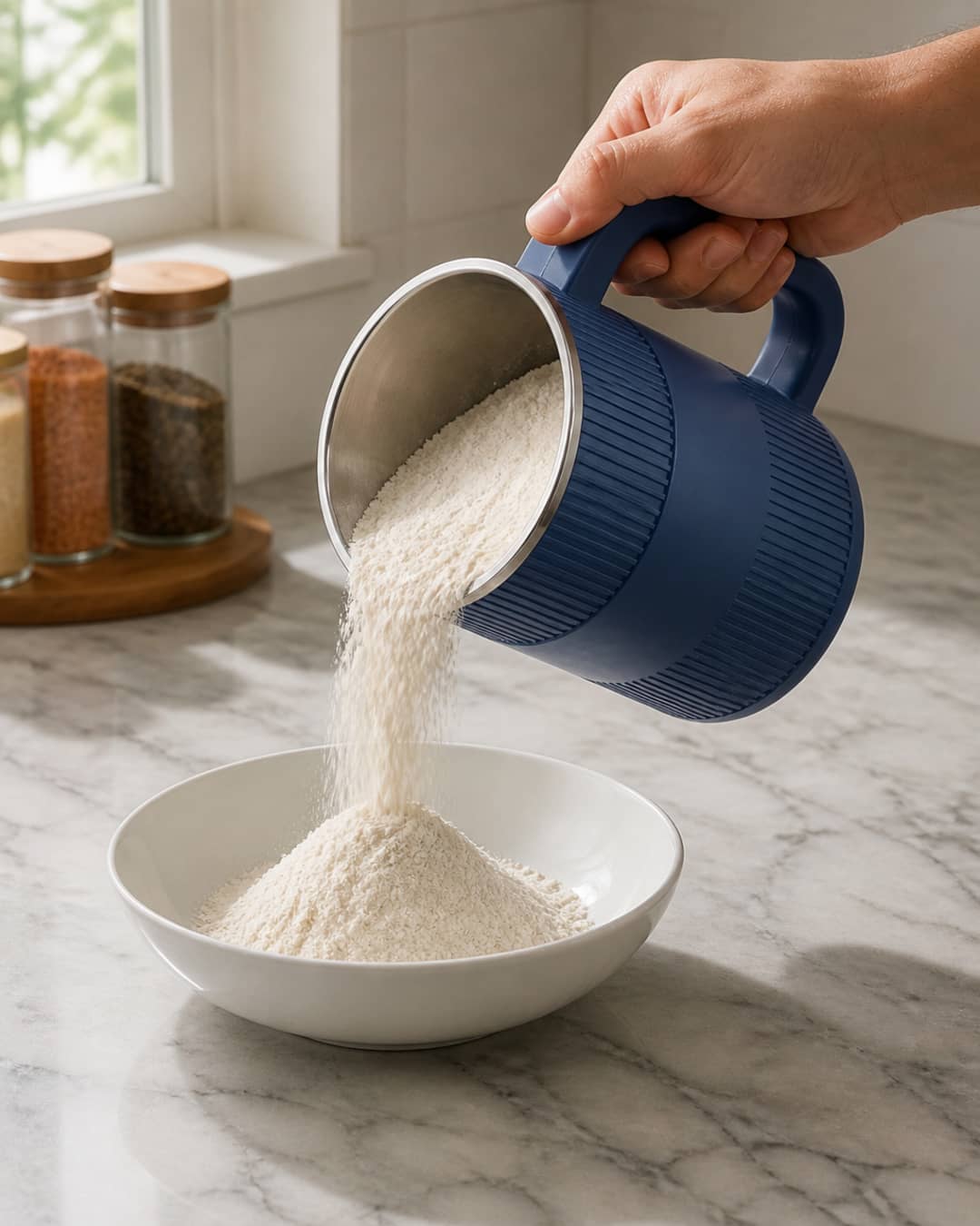 Hand pouring flour from GRAIN BLOOM into a white bowl