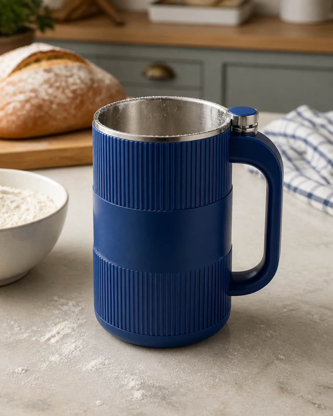GRAIN BLOOM on a kitchen island with a bowl of flour and a loaf