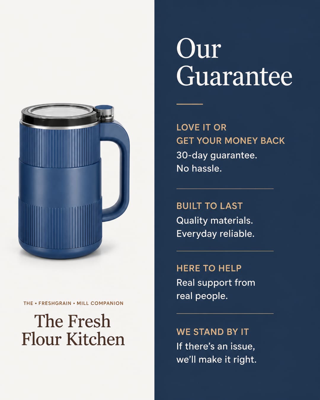GRAIN BLOOM mill with 90-day guarantee message
