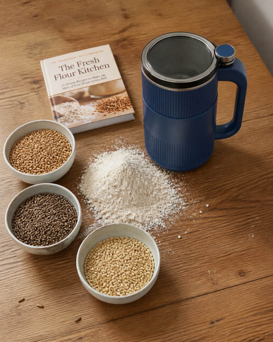 Whole grains, milled flour, and GRAIN BLOOM on a wooden table