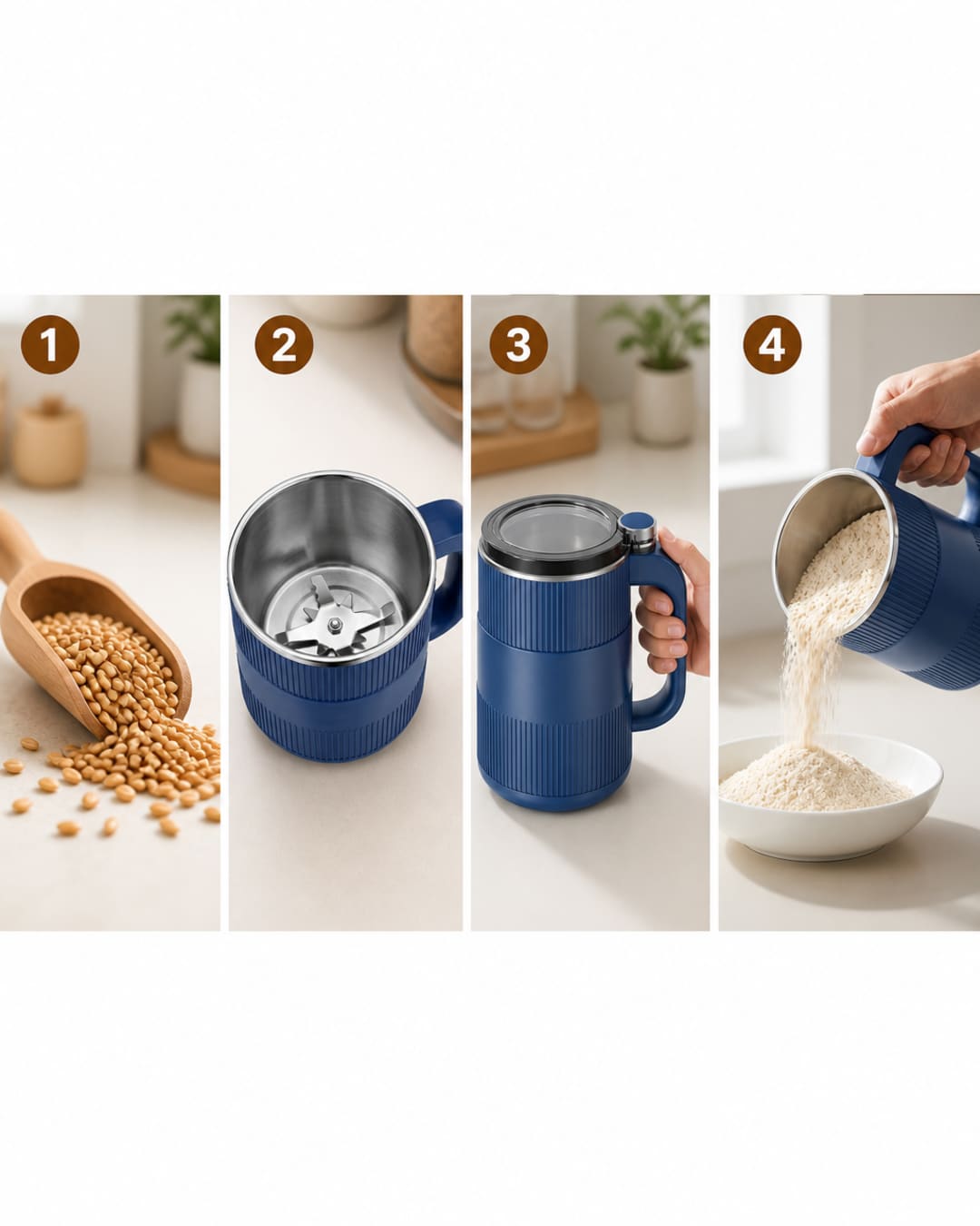 Four-step sequence: whole grain, GRAIN BLOOM mill interior, milling, and pouring flour into a bowl