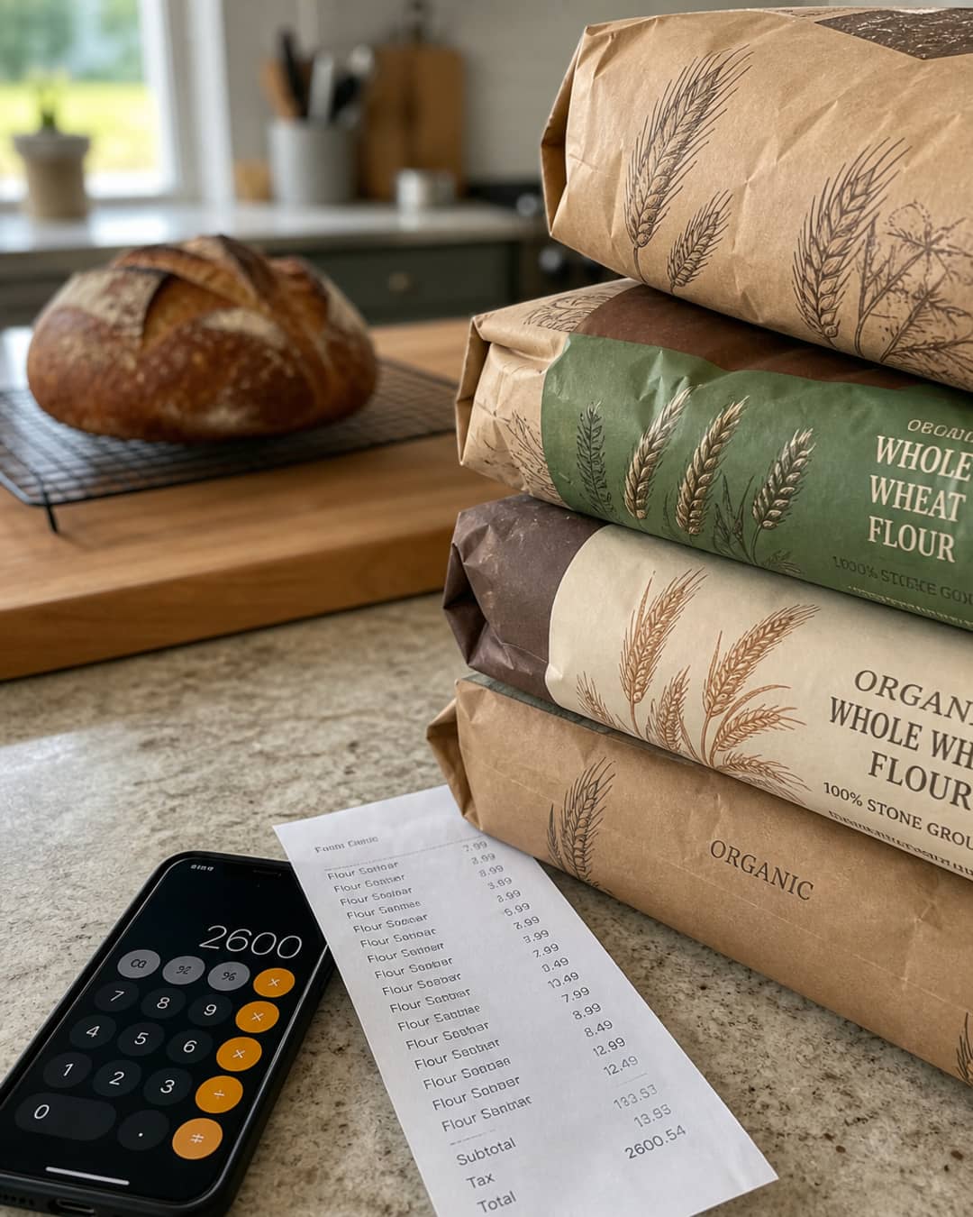 Kitchen counter with a stack of specialty flour bags, a grocery receipt, and a sourdough loaf