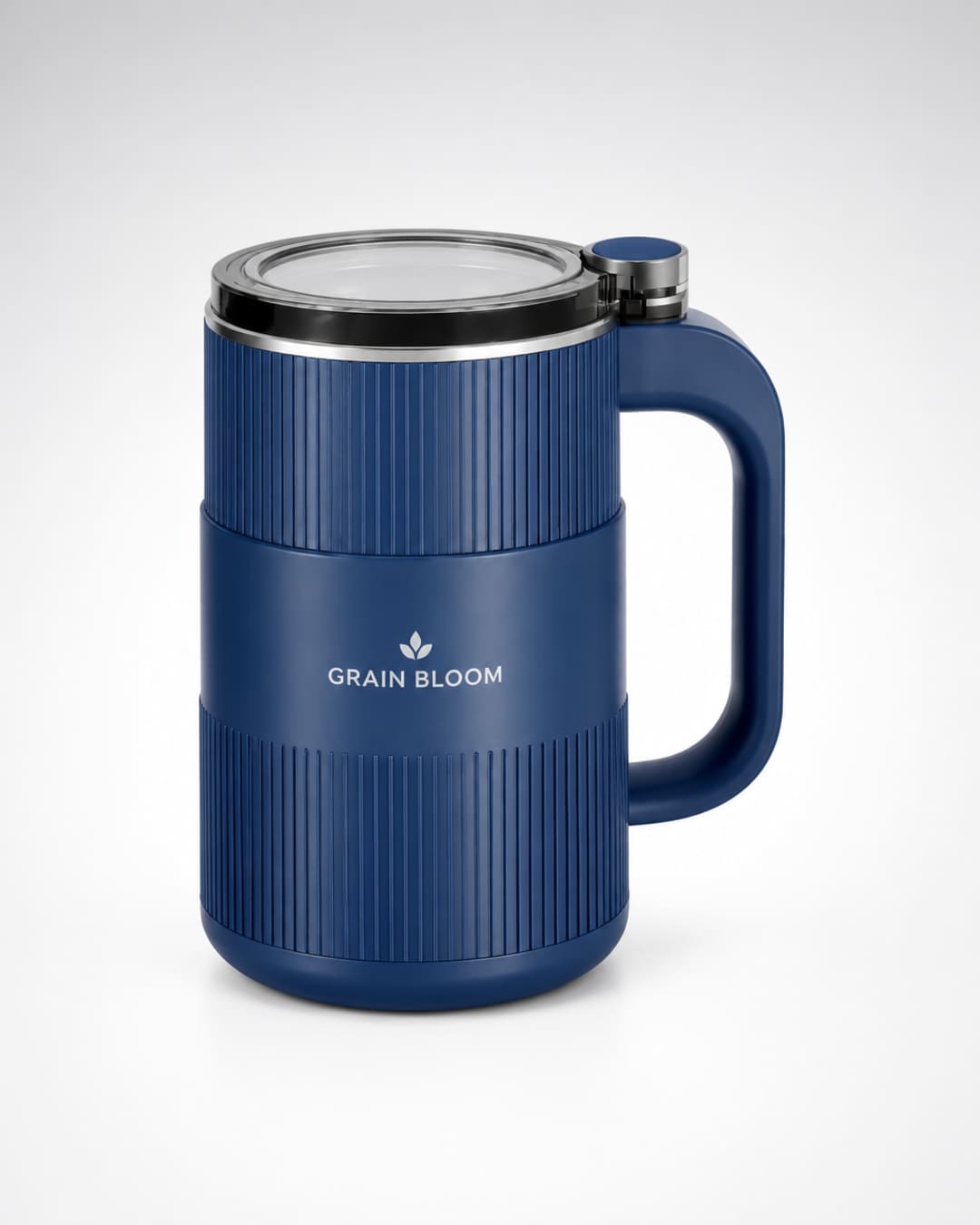 GRAIN BLOOM electric home grain mill, blue ribbed body with lid and handle