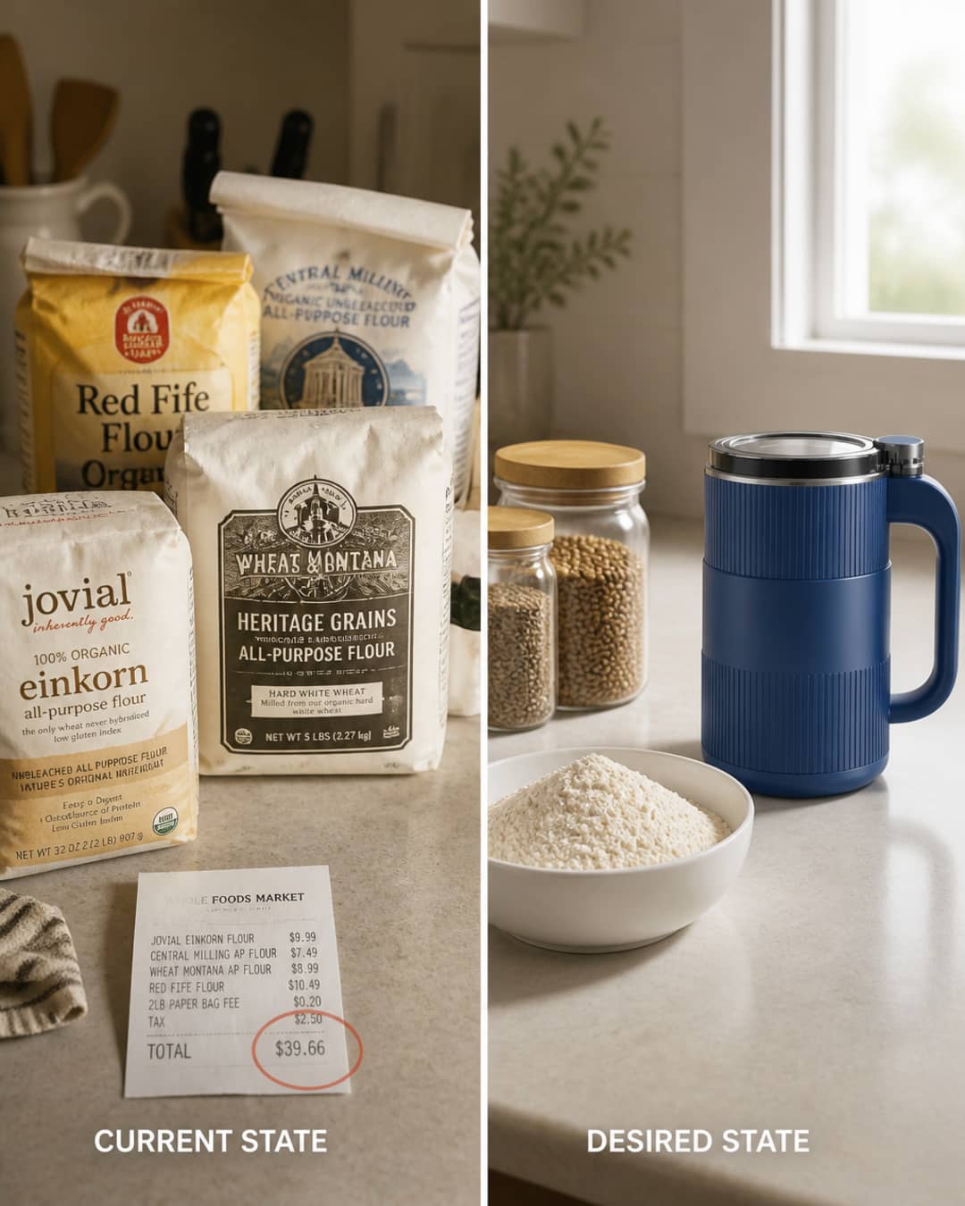Left: stacked specialty flour bags. Right: jars of whole grains, a bowl of flour, and the GRAIN BLOOM mill on a kitchen island