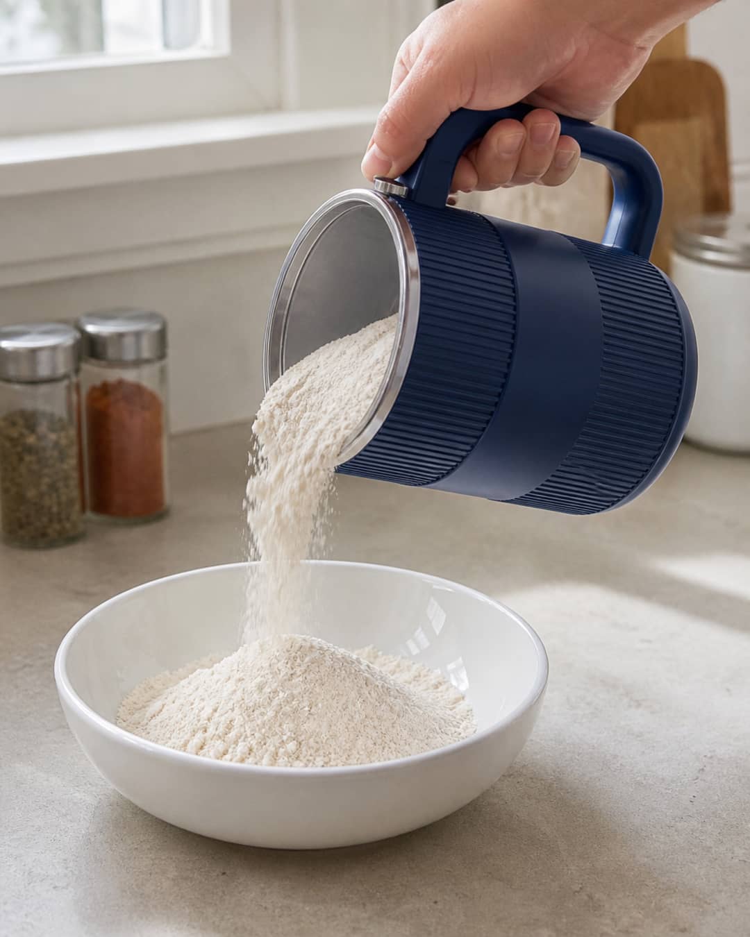 Hand pouring flour from a GRAIN BLOOM mill into a white bowl