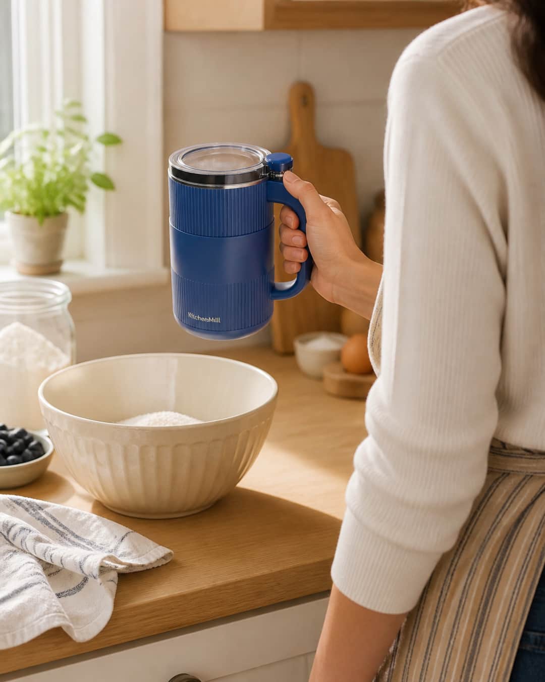 Person carrying a GRAIN BLOOM mill toward a mixing bowl in a home kitchen
