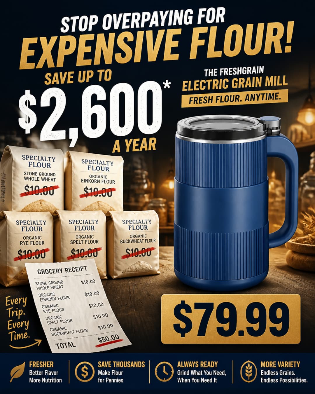 GRAIN BLOOM blue electric home grain mill beside stacked specialty-flour bags and a cost graphic
