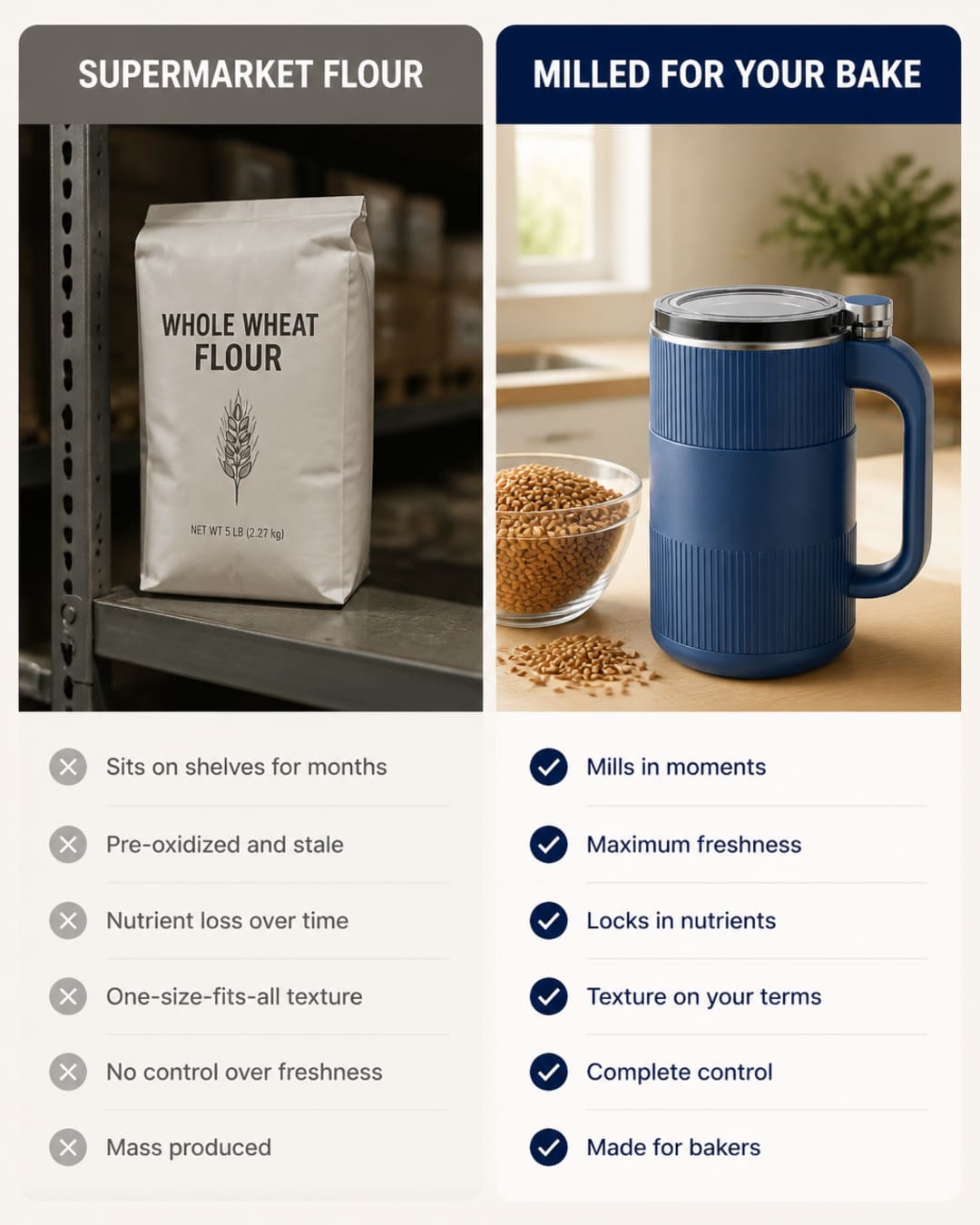 Comparison of factory-milled flour on a shelf versus whole grains milled at home with GRAIN BLOOM