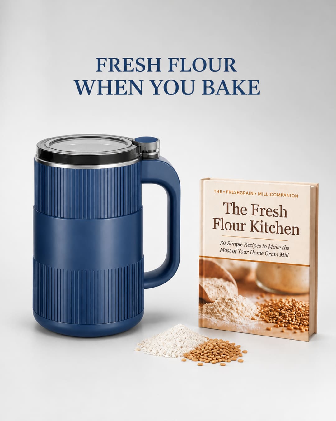 GRAIN BLOOM electric home grain mill, blue ribbed mill with silver lid