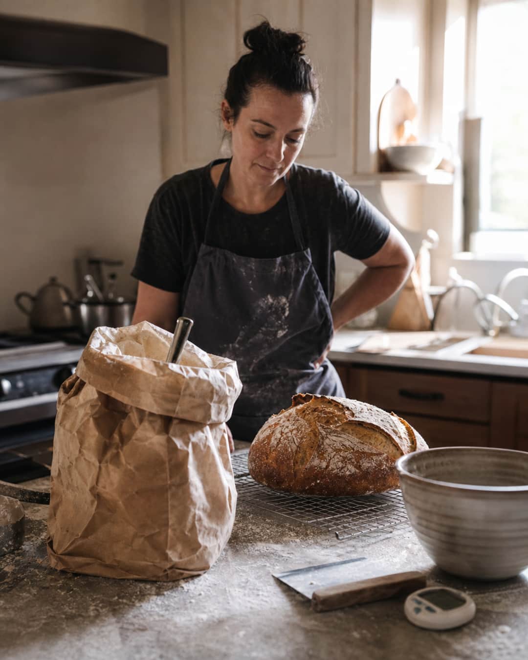 Home baker with a handmade loaf and an opened bag of store-bought flour on a messy kitchen counter