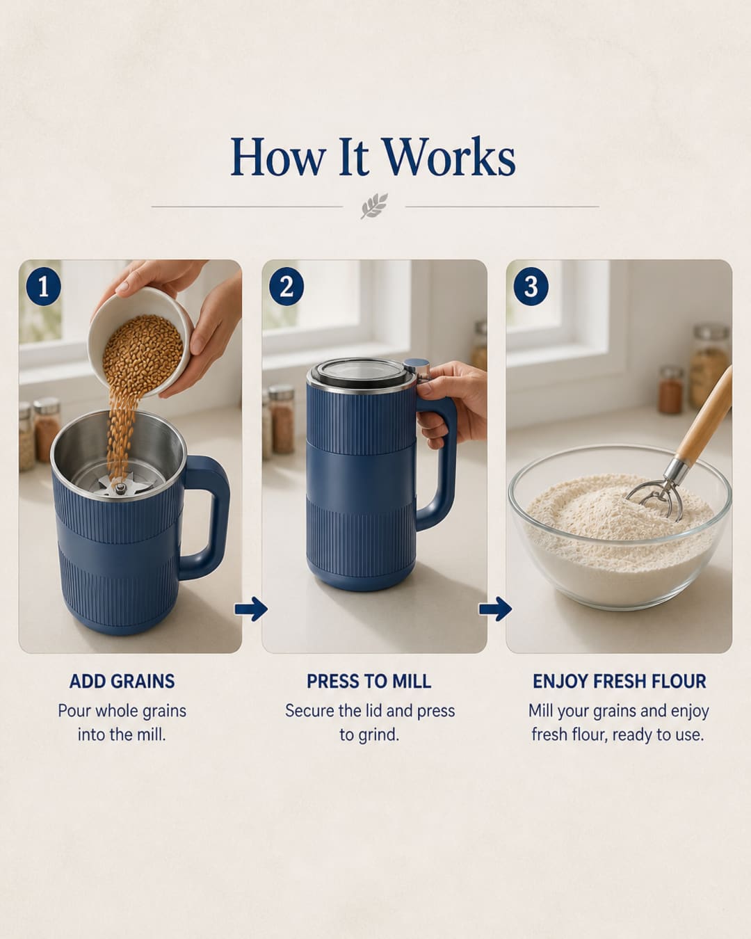 Three-step sequence: pour grains into GRAIN BLOOM, mill, then bake as usual