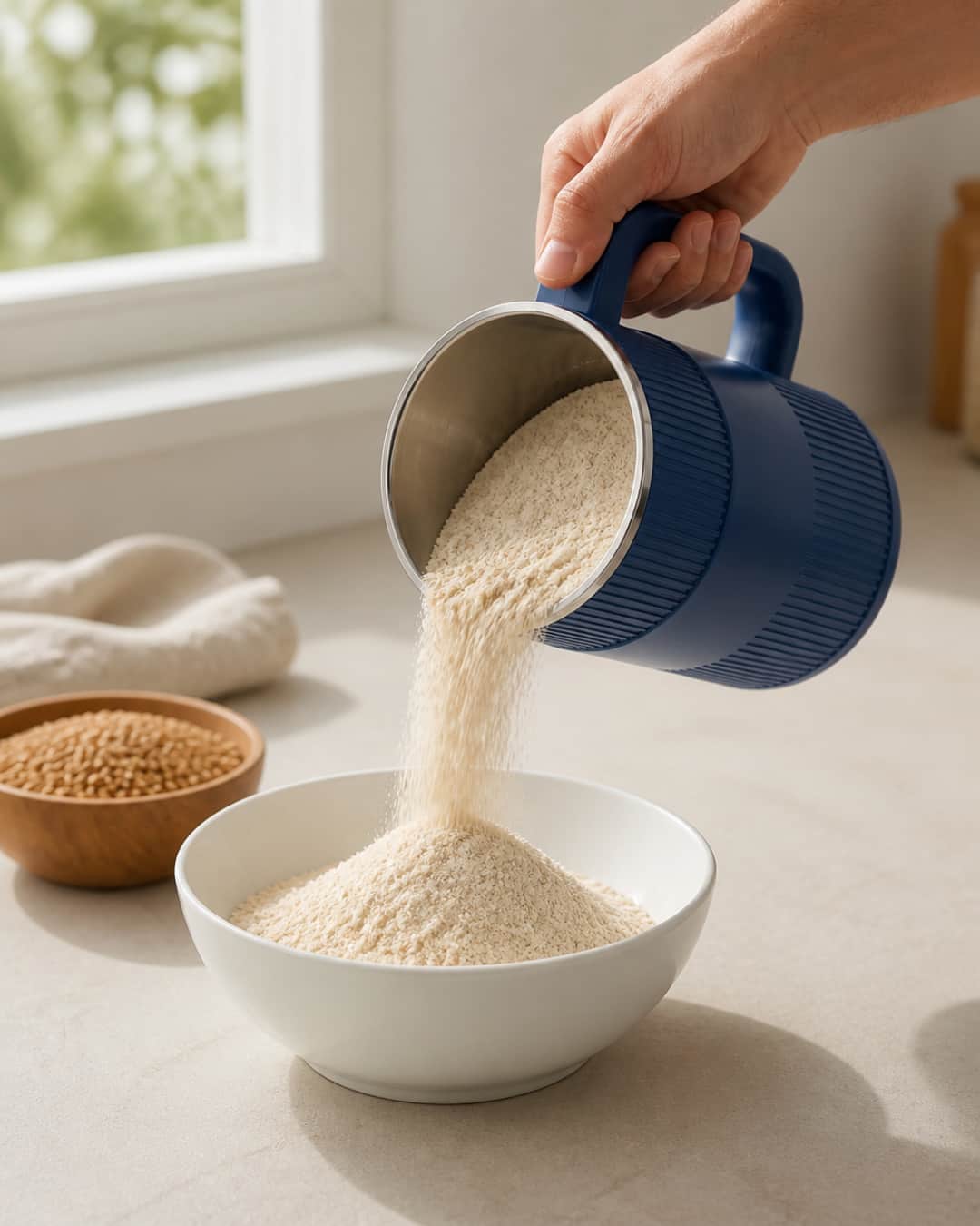 Hand pouring freshly milled flour from the GRAIN BLOOM mill into a ceramic bowl