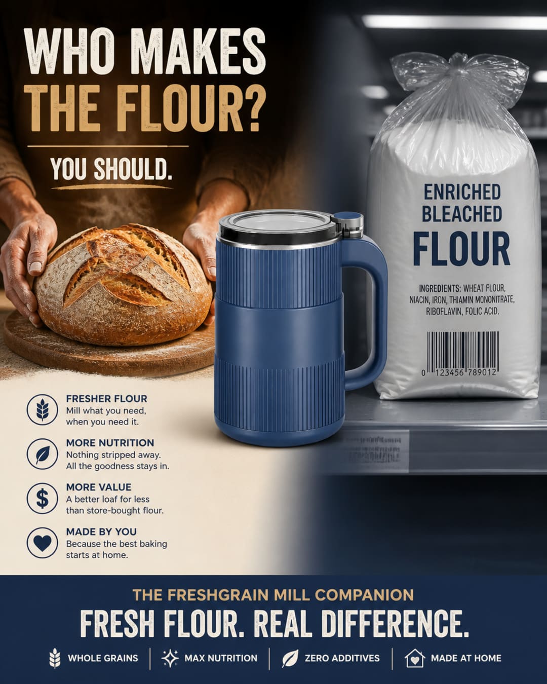 Split scene of a homemade artisan loaf beside a supermarket flour bag, with the GRAIN BLOOM mill in between