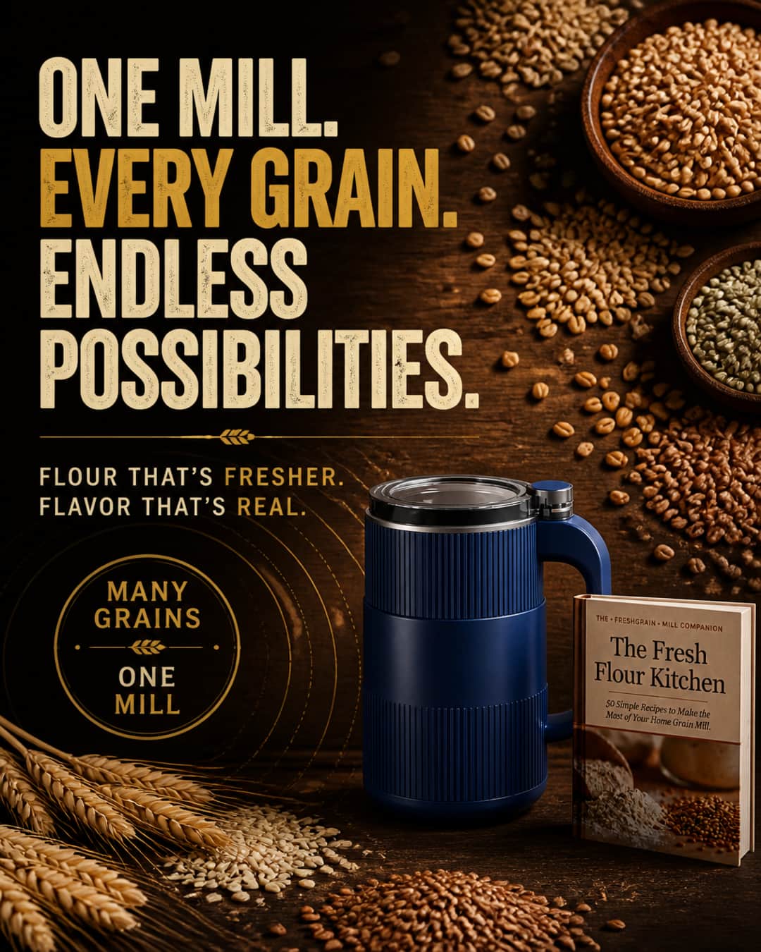 Editorial graphic of mixed whole grains on dark wood with the GRAIN BLOOM mill and cookbook — one mill, a whole world of grains