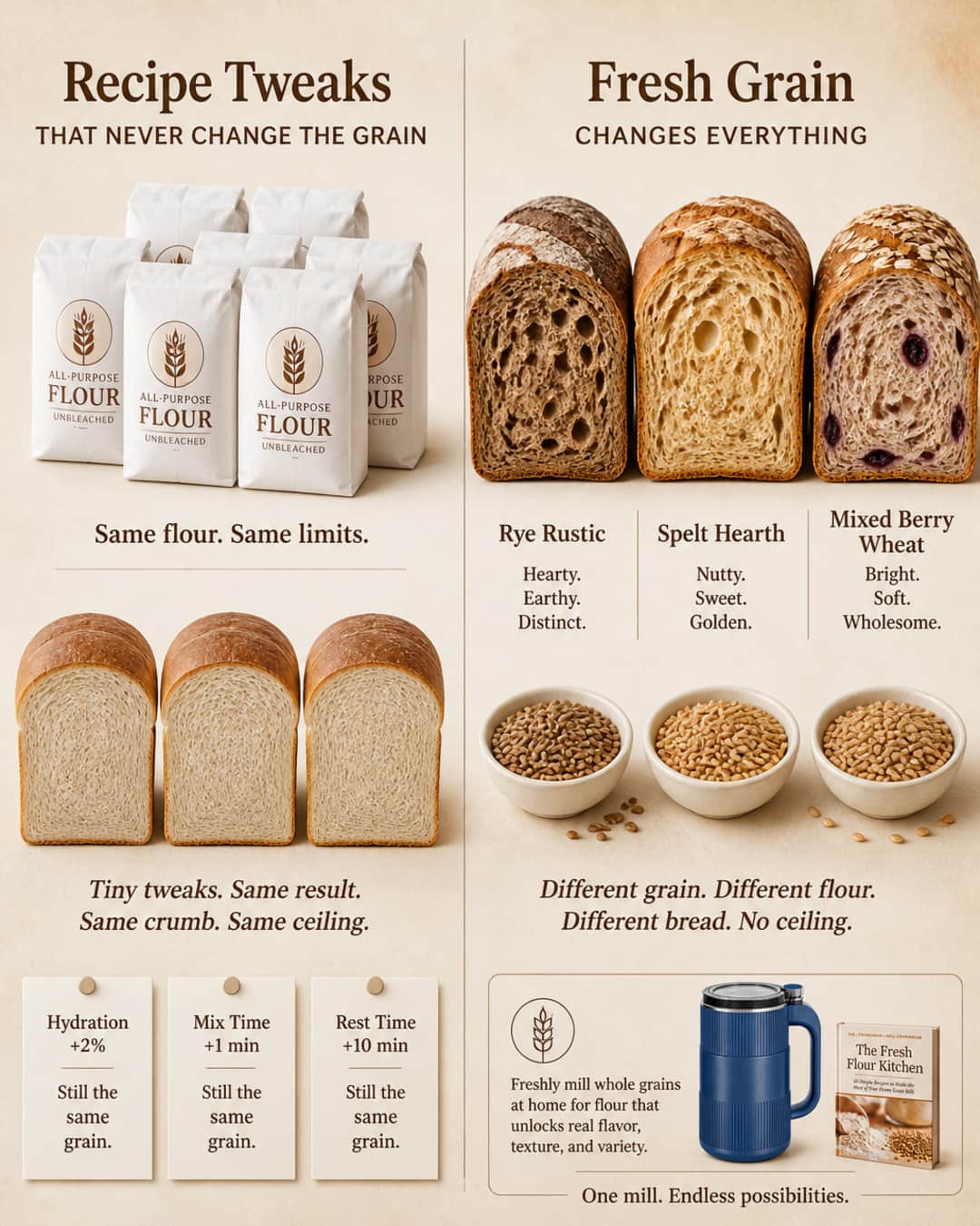 Side-by-side comparison of identical white-flour loaves versus bakes made from different whole grains and kernels