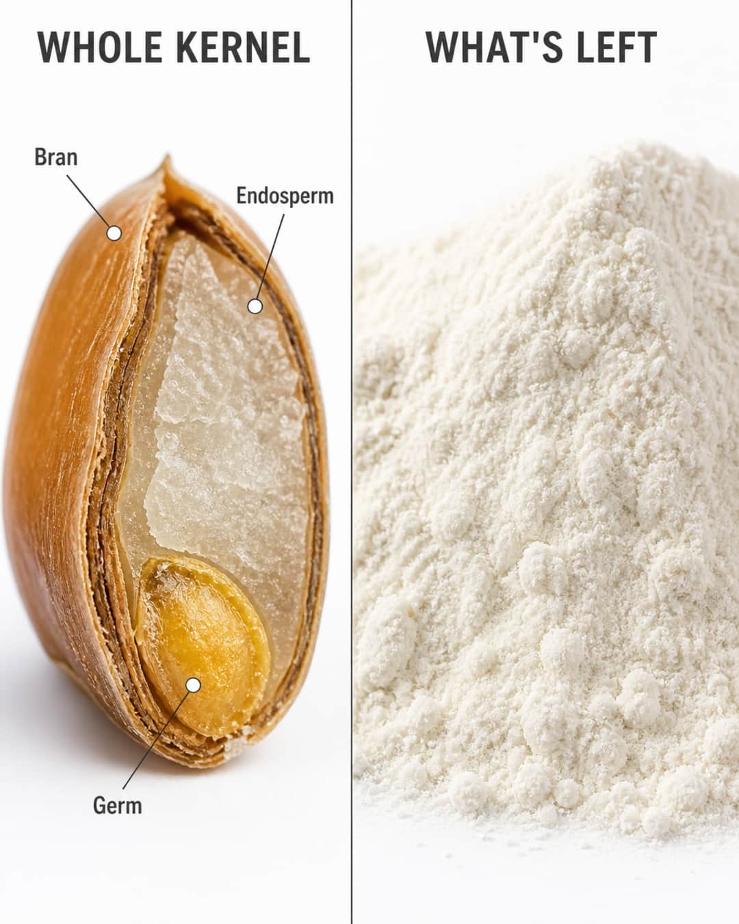 Whole wheat kernel showing bran, germ, and endosperm compared with a heap of refined white flour