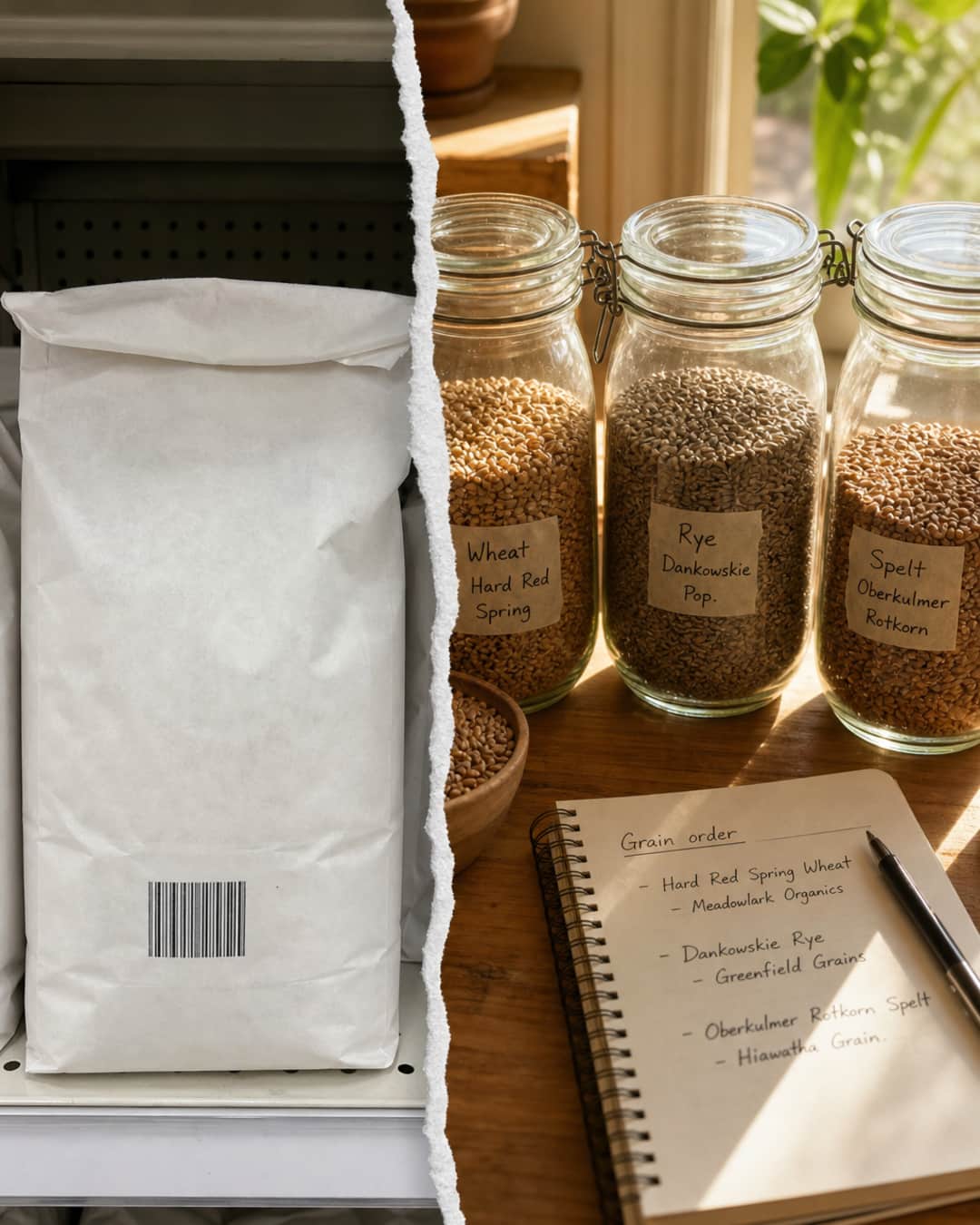 Anonymous grocery-store flour sack beside sunlit jars of whole grains and a notebook with a supplier name
