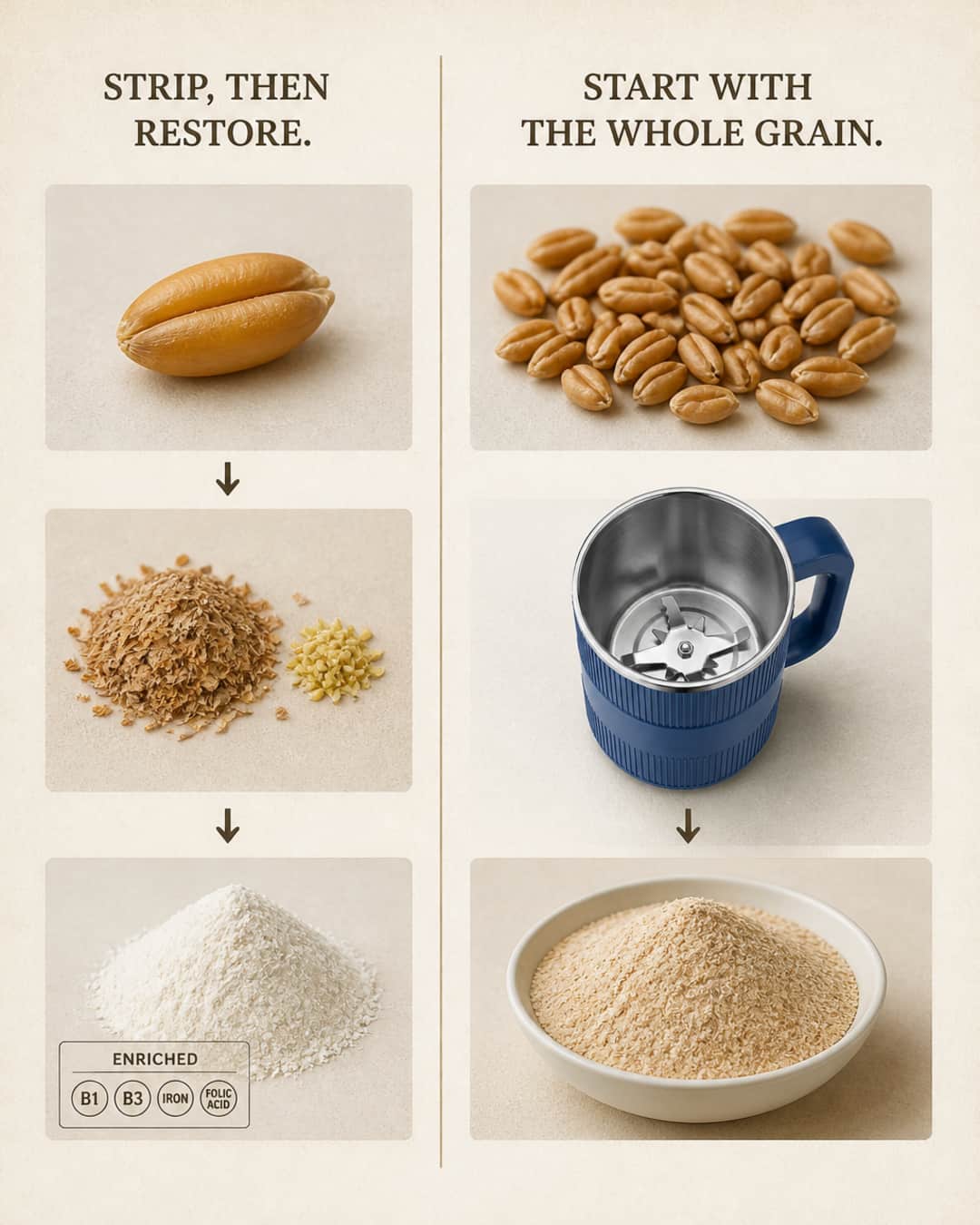 Side-by-side comparison of refined flour that is stripped then enriched versus unsifted whole-grain flour milled from whole berries
